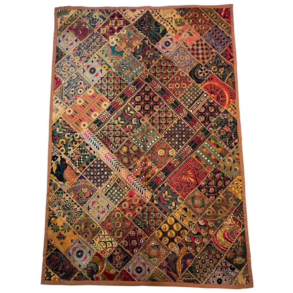 Vintage Indian Sari Patchwork Tapestry Wall Hanging Embroidered Mirror 60x40